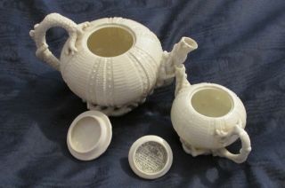 Two Rare Antique Irish Belleek porcelain echinus 1st Period black mark tea pots 8