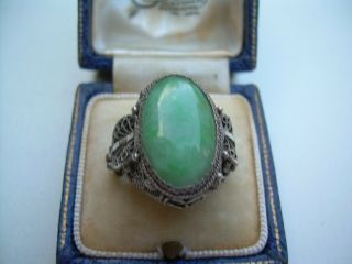 Antique Edwardian Chinese Jade Filigree Silver Ring Size M (adjustable).