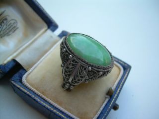 Antique Edwardian Chinese Jade Filigree Silver Ring Size M (Adjustable). 2