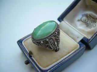 Antique Edwardian Chinese Jade Filigree Silver Ring Size M (Adjustable). 3