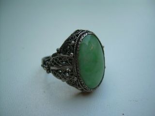 Antique Edwardian Chinese Jade Filigree Silver Ring Size M (Adjustable). 4