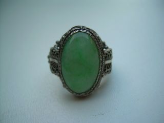 Antique Edwardian Chinese Jade Filigree Silver Ring Size M (Adjustable). 5