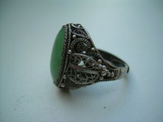 Antique Edwardian Chinese Jade Filigree Silver Ring Size M (Adjustable). 6