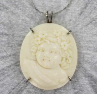 Vintage Antique Bone Cameo Pendant In Sterling Silver Setting