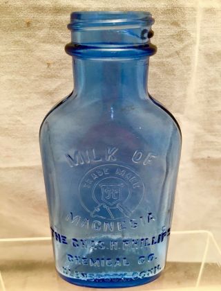 Antique 5 " Glass Cobalt Blue Embossed Milk Of Magnesia Medicine Bottle C1910