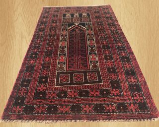 Hand Knotted Vintage Afghan Maldar Balouch Prayer Wool Area Rug 4.  5 X 2.  7 Ft