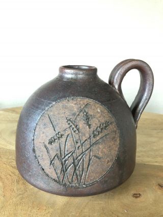 Vintage Metallic Brown & Stone Color Pottery Jug Pitcher Signed
