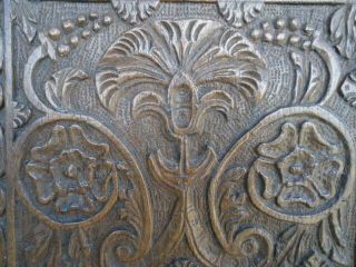 Rare 17th Century Oak Carved With Central Flower And Rose Heads Panel