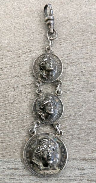 Antique 1909 Barber Quarter And Dimes Silver Watch Fob Chain Stamped Face