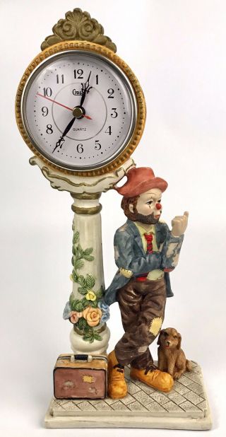 Antique Crosa Whistling Hobo Clown Mantel Clock With Suitcase And Dog.
