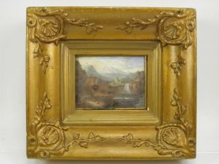 Antique Early 19th Century Reverse Painting On Glass Landscape With Waterfall