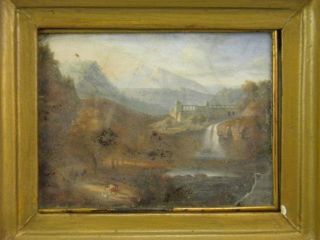 Antique early 19th century reverse painting on glass landscape with waterfall 2