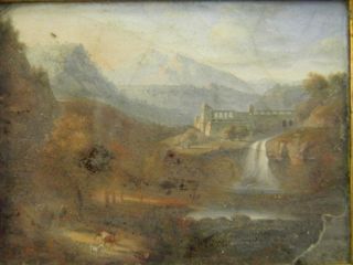 Antique early 19th century reverse painting on glass landscape with waterfall 3
