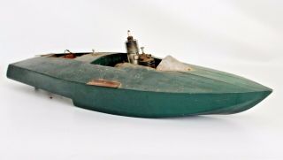 Antique Vtg Brown Junior Gas Powered Motor Wood Model Tether Racing Boat Reuhl