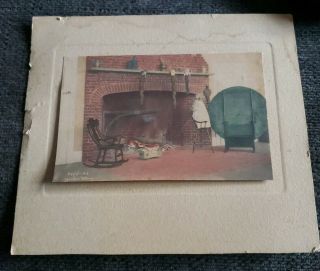 Antique 1909 Wallace Nutting Hand Tinted Photo Print Christmas Child & Stockings