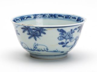 Antique Chinese Qing Grazing Rabbits Blue & White Bowl 18 C