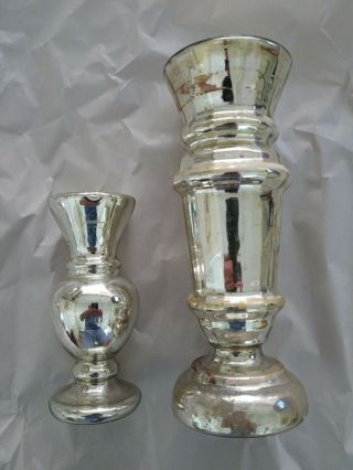 Pair Antique Victorian Mercury Glass Vases - 8 1/2 " T And 5 1/2 " - Silver