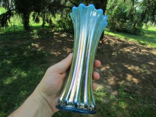 Westmoreland CORINTH ANTIQUE CARNIVAL GLASS ART VASE BLUE OPALESCENT 7