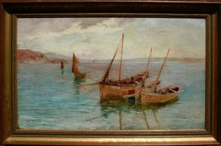 Large 19th Century Antique Oil Painting Fishing Boats At Rest Sign.  G.  W.  Graham