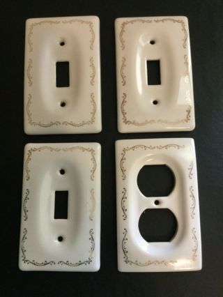 Ceramic Light Switch Cover 3 Plates 1 Outlet - Gold Scroll