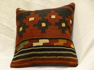 Vintage Geometric Turkmen Handmade Wool Kilim Rug Pillow Cushion Cover Burgundy