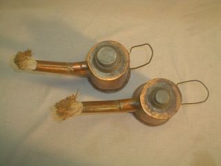 2 Large Antique Copper Miners Oil Wick Lamps