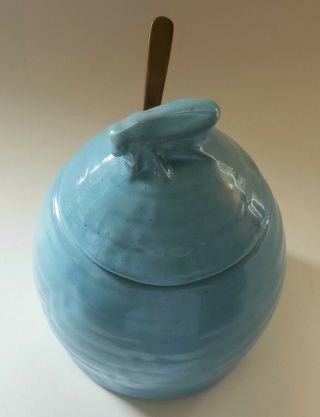 3 pc 803 Frankoma Robin ' s Egg Blue Honey Pot with lid and antique brass spoon 4