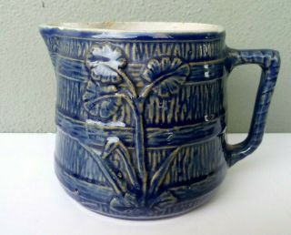 Robinson Ransbottom - Antique Blue Stoneware Pottery Banded Thistle Milk Pitcher