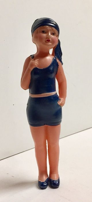 Vintage Celluloid Toy 7 " Doll Flapper Bathing Swimming Navy Blue Swimsuit &scarf