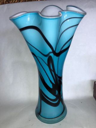 Victorian Art Glass Blue & Black Line Ruffle Rim Cased Large 16 1/8 " Satin Vase