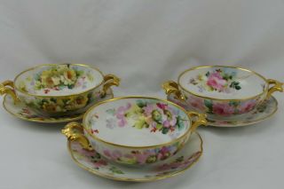 Guerin Limoges Cream Soup Bowls Hand Painted Set Of 3 Antique