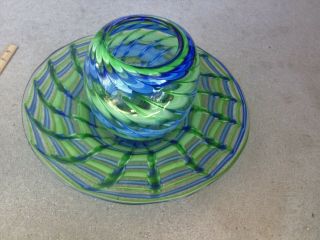 Vintage Blown Glass Bowl In Platter Radiant Green/blue Swirl 10 " H