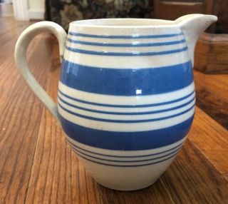Antique Mochaware Pottery Pitcher Blue Banded