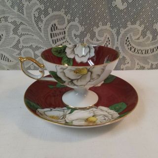Antique Red Floral Pedestal Tea Cup & Saucer Set Hand - Painted Occupied Japan 2