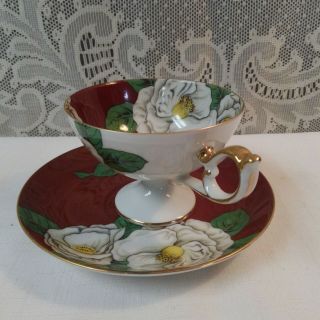 Antique Red Floral Pedestal Tea Cup & Saucer Set Hand - Painted Occupied Japan 3