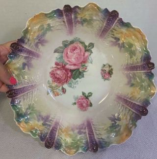 Antique R.  S.  Prussia Hand - Painted Floral Pearled Porcelain Bowl - 10 3/4 "