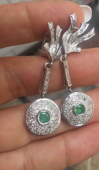 Vintage Antique Art Deco Estate Palladium Emerald Diamond Dangle Earrings