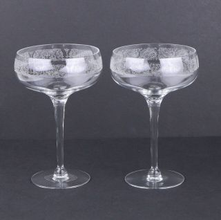 2 Antique Hand Blown Etched Crystal Champagne Sherbet Glasses Coupes Goblets