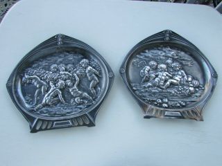 Antique Pair Art Nouveau Silverplate Repousse Cherubs High Relief Wall Plaques