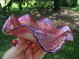 Fenton WATER LILY ANTIQUE CARNIVAL ART GLASS FTD RUFFLED SAUCE RED EXCEPTIONAL 3