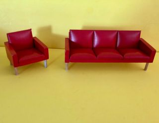 Vintage Doll House Furniture Set.  Wooden / Leather Couch & Chair Living Room Set