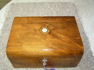 Antique Victorian Walnut Domed Top Jewellery/trinket Box,  Mop,  Inlay,  Lock & Key
