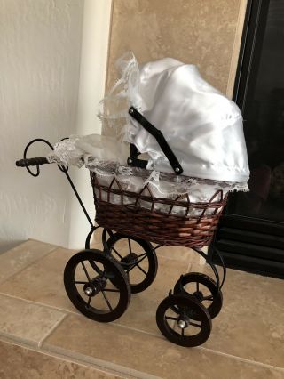 Antique Wicker & Iron Doll Baby Carriage W/porcelain Christening Doll