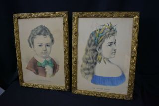 Antique Currier & Ives Prints Little Brother & The Harvest Queen - Period Frames
