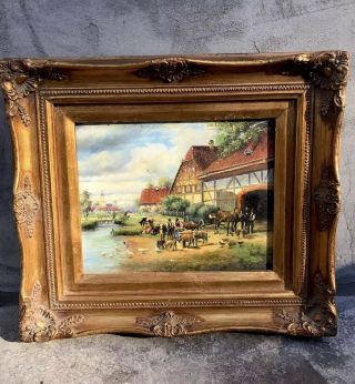13.  5”x15” Framed Oil Painting Farm Village W/ Animals Antique Style