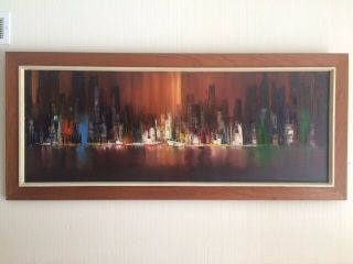 Huge Over 4ft Long Vintage Mid Century Cityscape Oil Painting 1960 