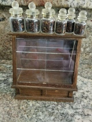 Vintage Dollhouse Miniature Country Store Wood Shelving Cabinet & Jars