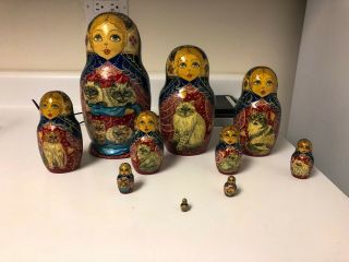 Vintage Set Of 10 Wooden Russian Matryoshka Nesting Dolls / Signed By Artist