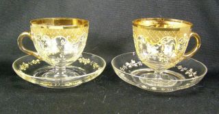 Antique Pair Hand Blown Moser Glass Enameled Cups & Saucers