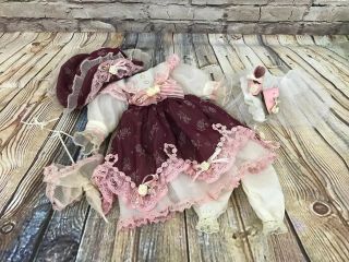Vtg Doll Dress Victorian Clothes 15” Dolls Hat Pantaloons Slip Socks Pink Shoes